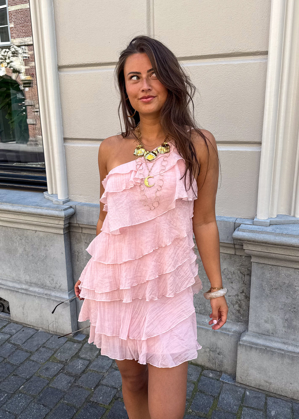 Mini Jurk Dames Ruches Asymmetrisch Schouderband Casual Zomer