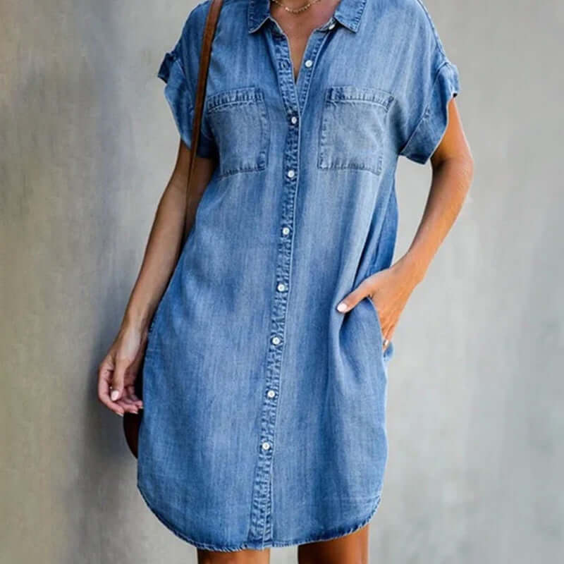 Denim Overhemdjurk Voor Dames Met Korte Mouwen En Zakken