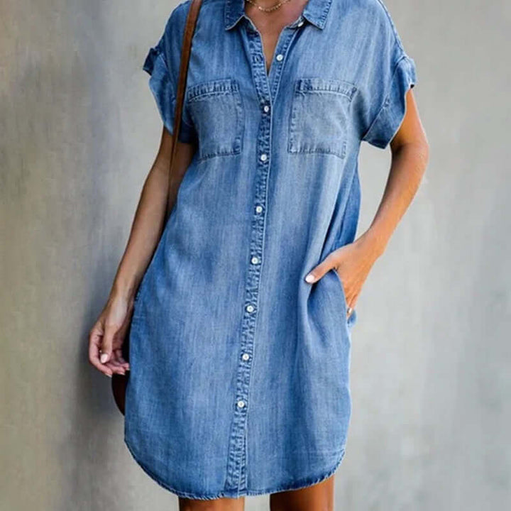 Denim Overhemdjurk Voor Dames Met Korte Mouwen En Zakken