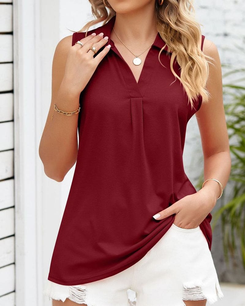 Lichtgewicht Mouwloze Blouse Voor Dames Met Kraag En V Hals