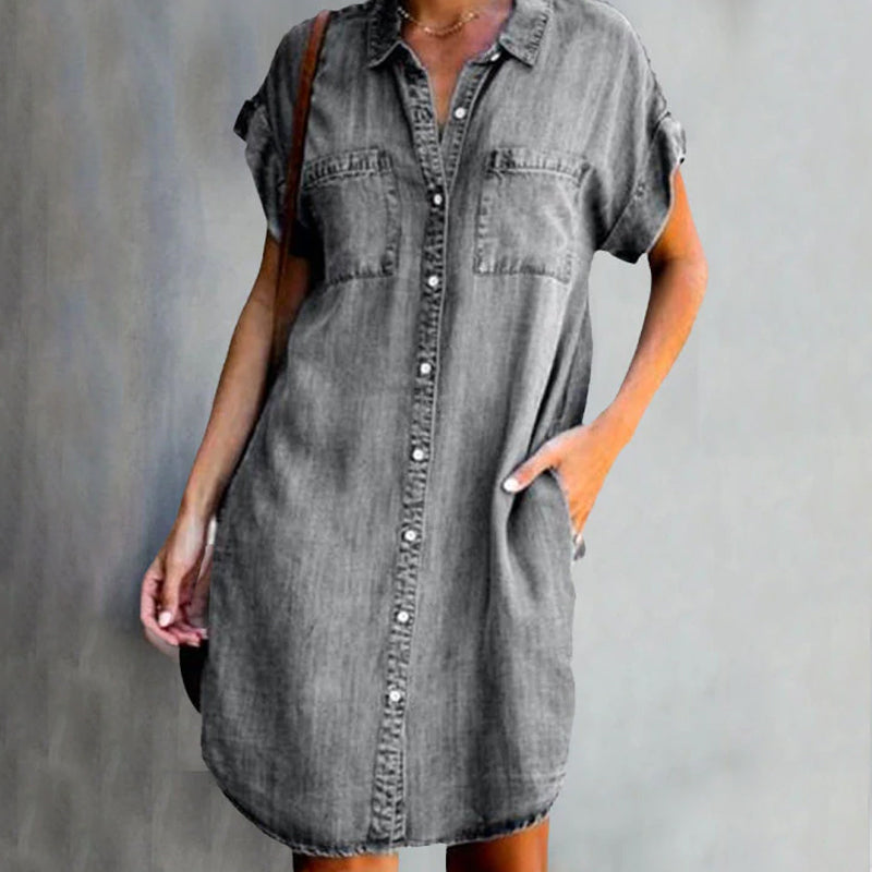 Hannah - Jurk in denimlook met korte mouwen