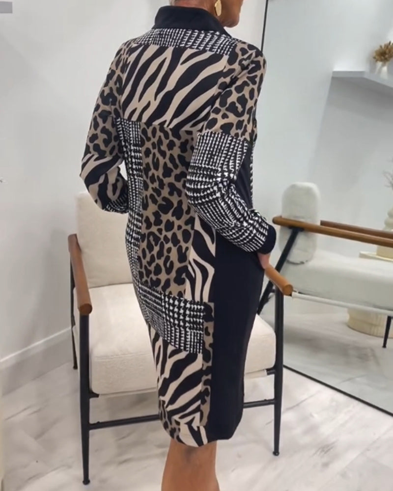 Stijlvolle Dames Party Midi Jurk Met Patchwork Print En Lange Mouwen