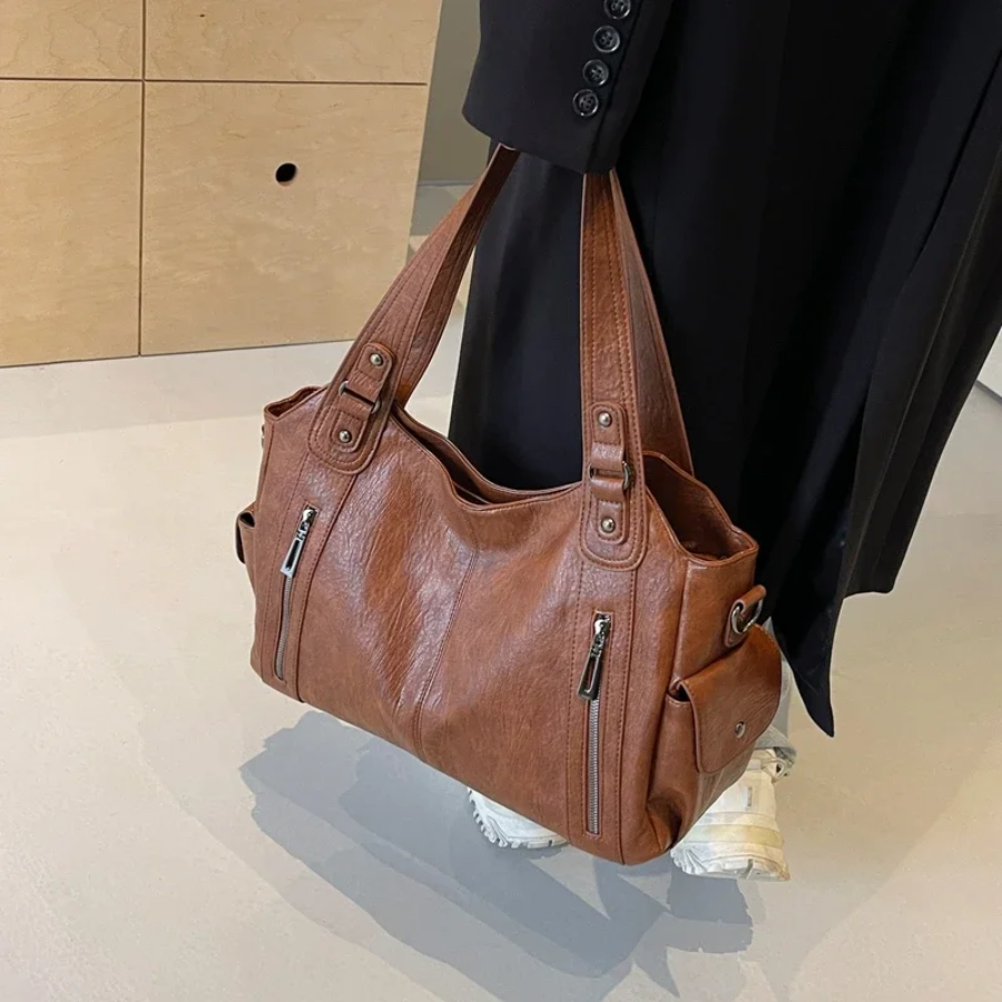 Dames Schoudertas Leren Met Ritsvakken En Dubbele Hengsels