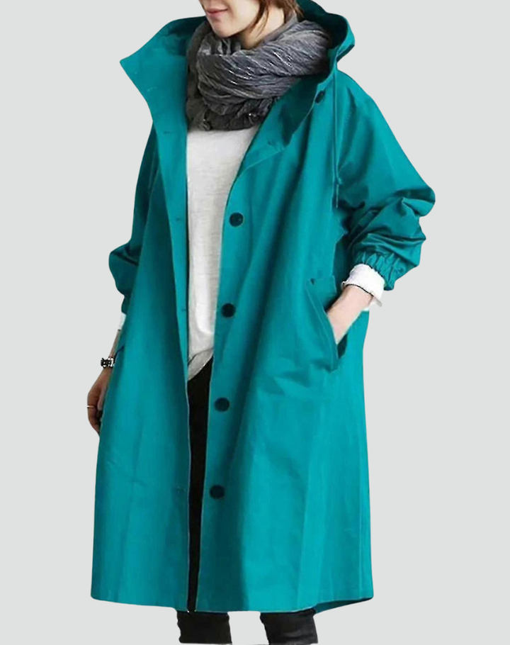 Waterdichte Trenchcoat Voor Vrouwen Lang Met Capuchon En Knopen