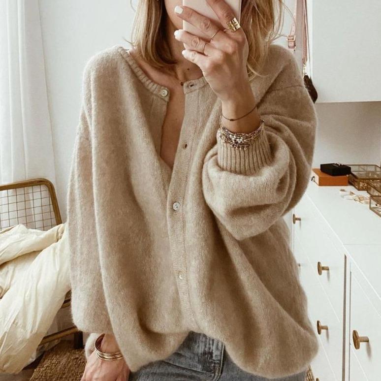 Dames Oversized Cardigan in Beige met Knopen en Verlaagde Schouders