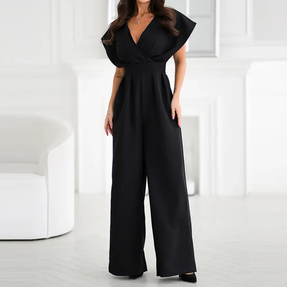 Elegante Dames Jumpsuit Met Diepe V Hals En Wijde Pijpen