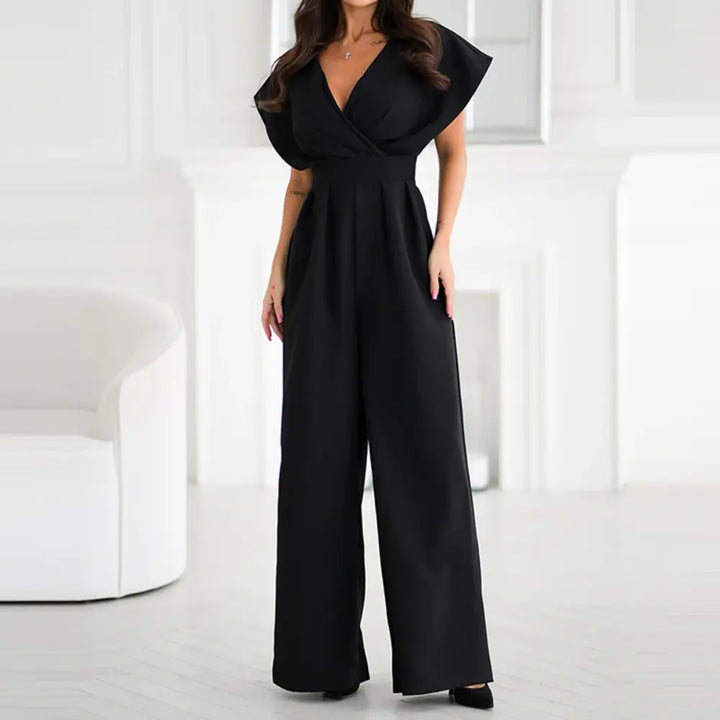 Elegante Dames Jumpsuit Met Diepe V Hals En Wijde Pijpen