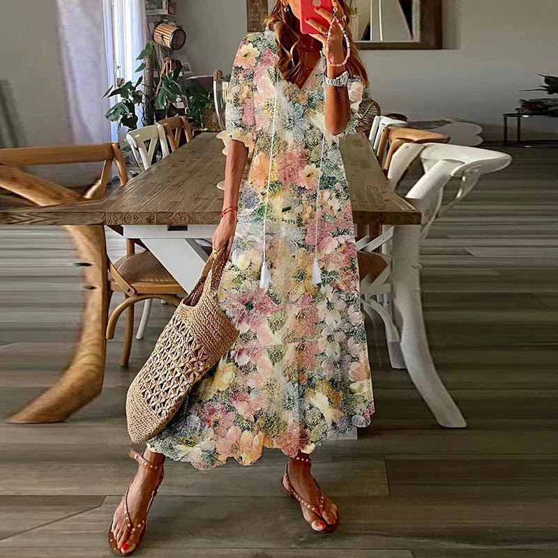 Boho Maxi Jurk Met Bloemenprint En V Hals