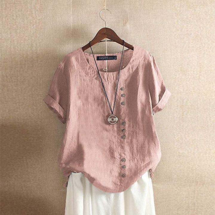 Linnen Blouse Met Korte Mouwen En Knoopsluiting Voor Dames