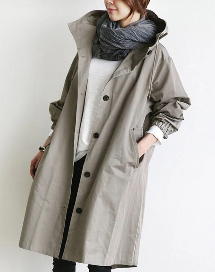 Waterdichte Trenchcoat Voor Vrouwen Lang Met Capuchon En Knopen