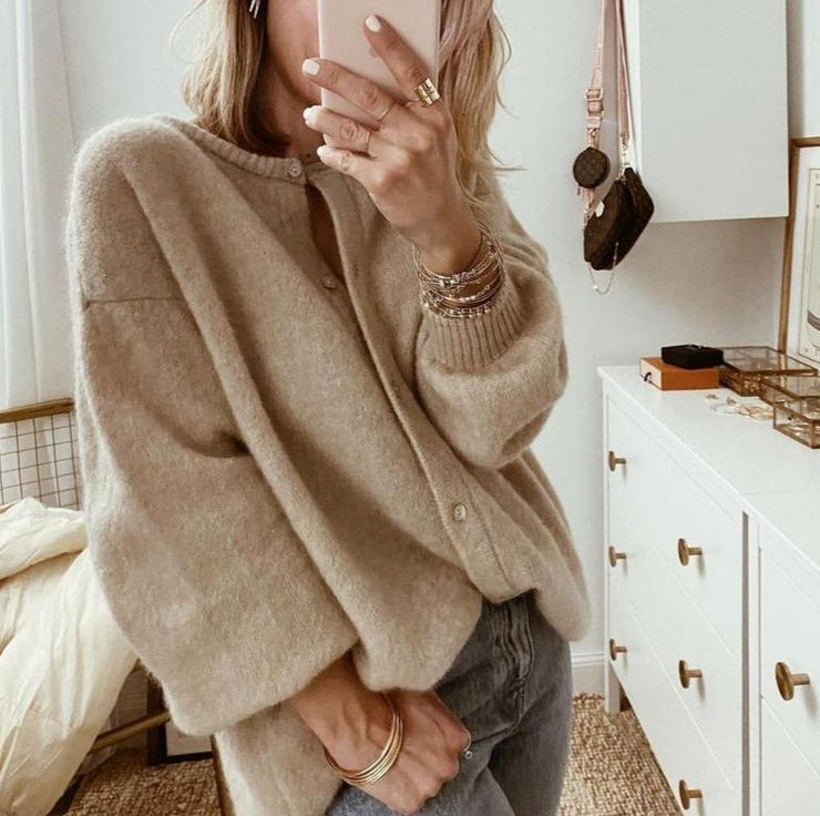 Dames Oversized Cardigan in Beige met Knopen en Verlaagde Schouders