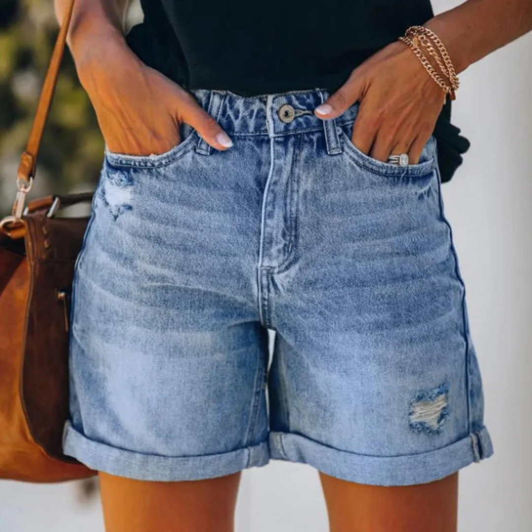 Denim Short Voor Dames Met Hoge Taille En Omslag