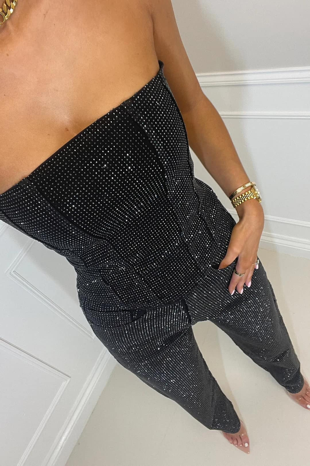 Dames Glitter Set Met Strapless Pailletten Croptop En Jeans