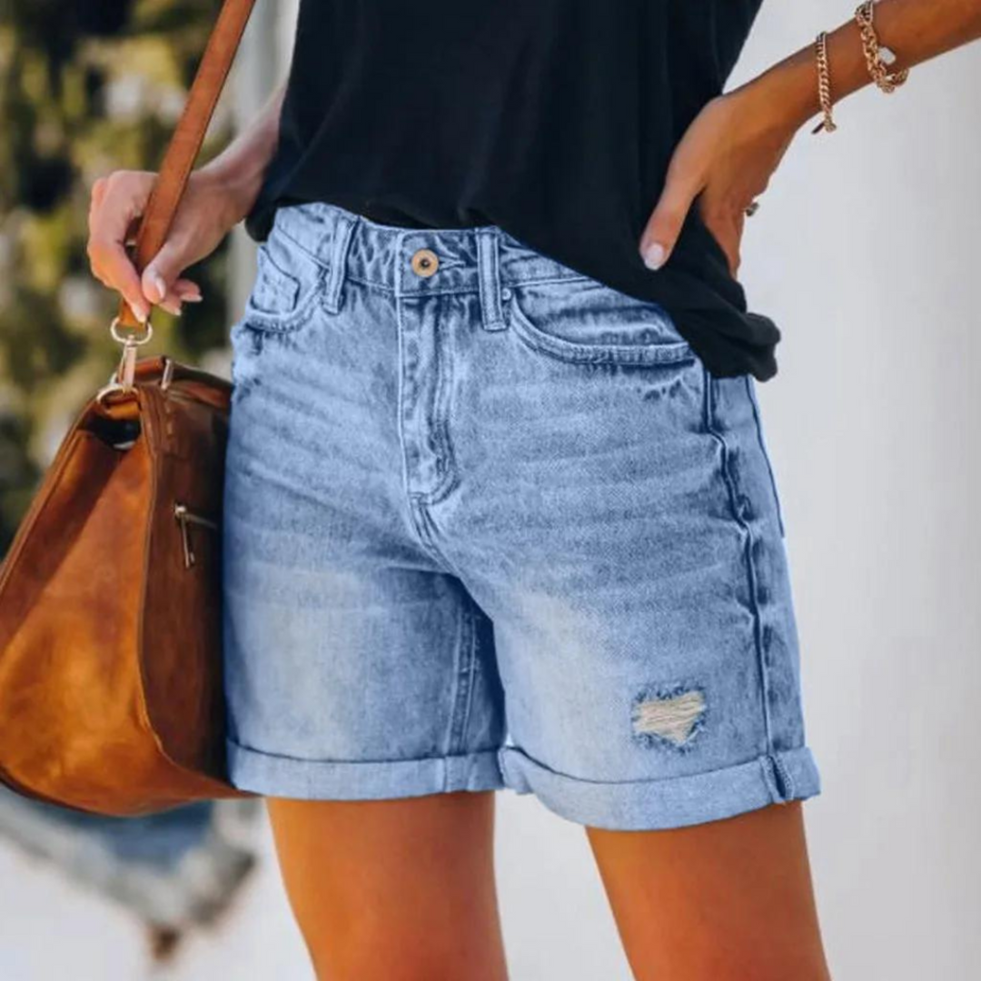 Denim Short Voor Dames Met Hoge Taille En Omslag