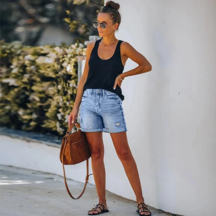 Denim Short Voor Dames Met Hoge Taille En Omslag
