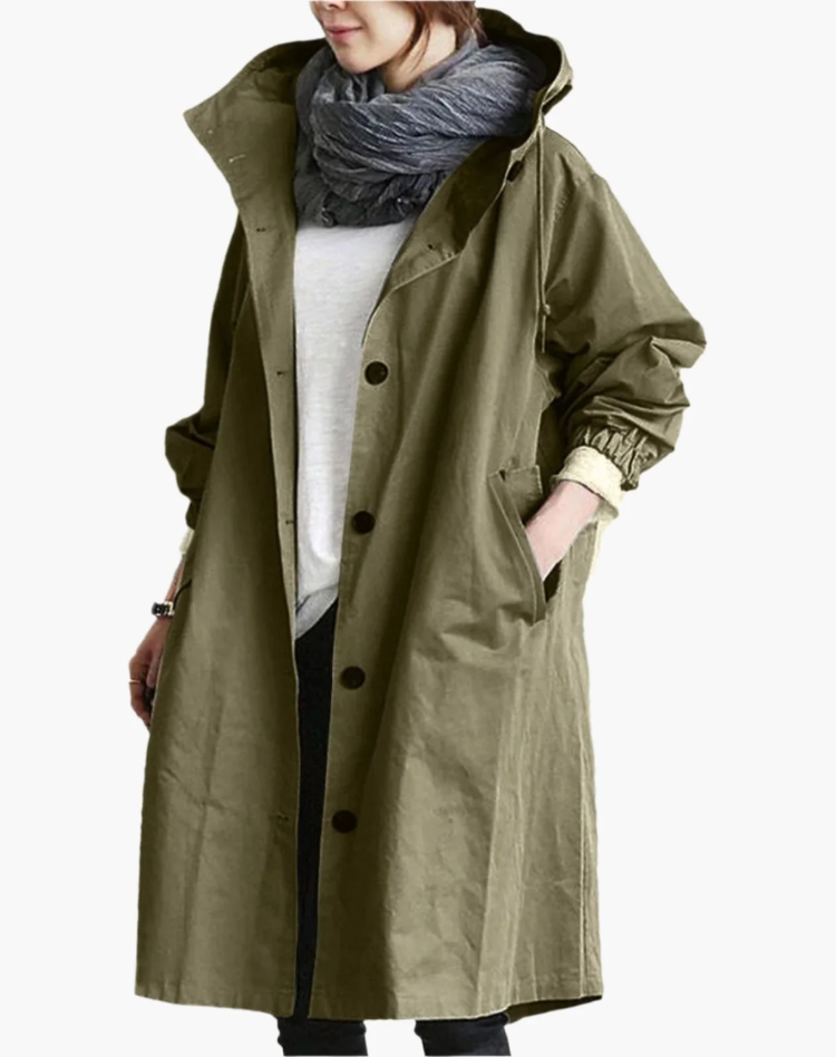 Waterdichte Trenchcoat Voor Vrouwen Lang Met Capuchon En Knopen