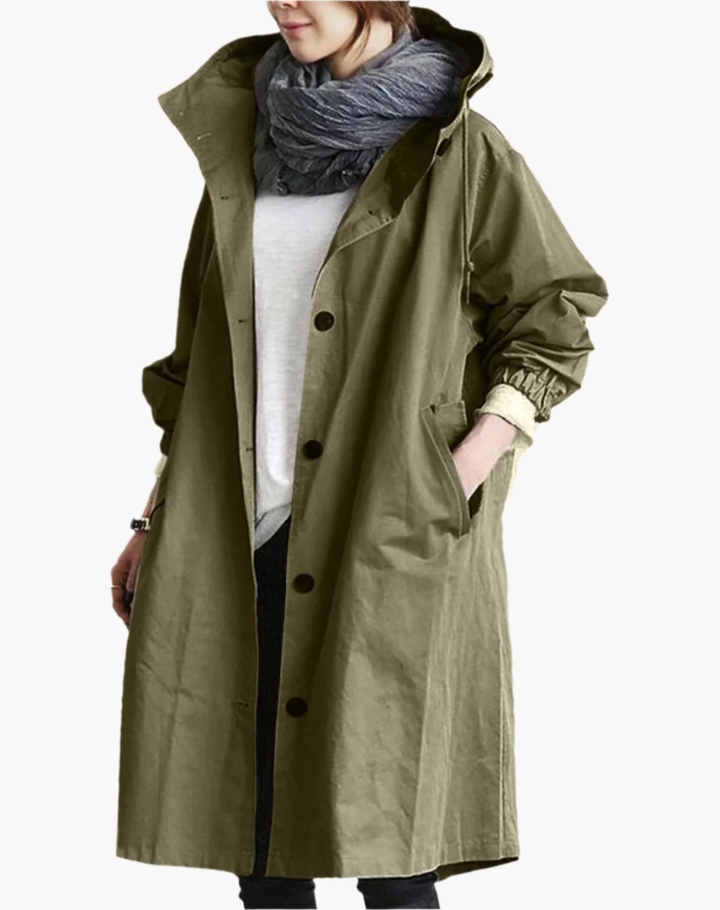 Waterdichte Trenchcoat Voor Vrouwen Lang Met Capuchon En Knopen