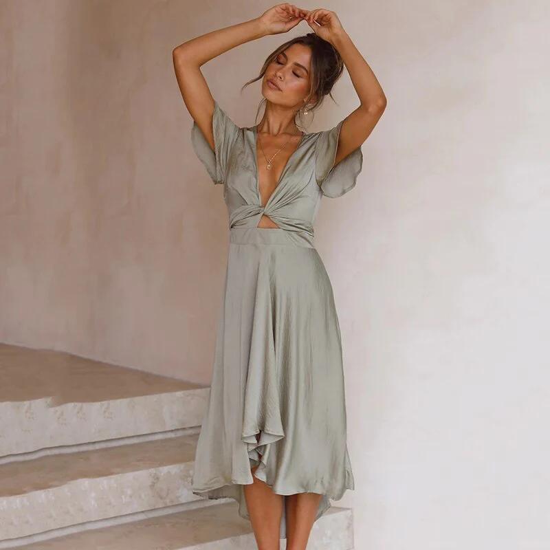 Eline - Elegante Zwierige Midi Jurk met V Hals voor Dames