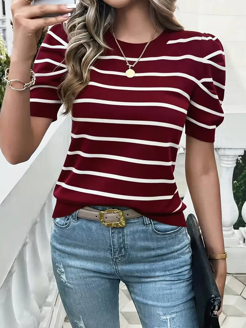 T-shirt dames met strepen en puffed sleeves