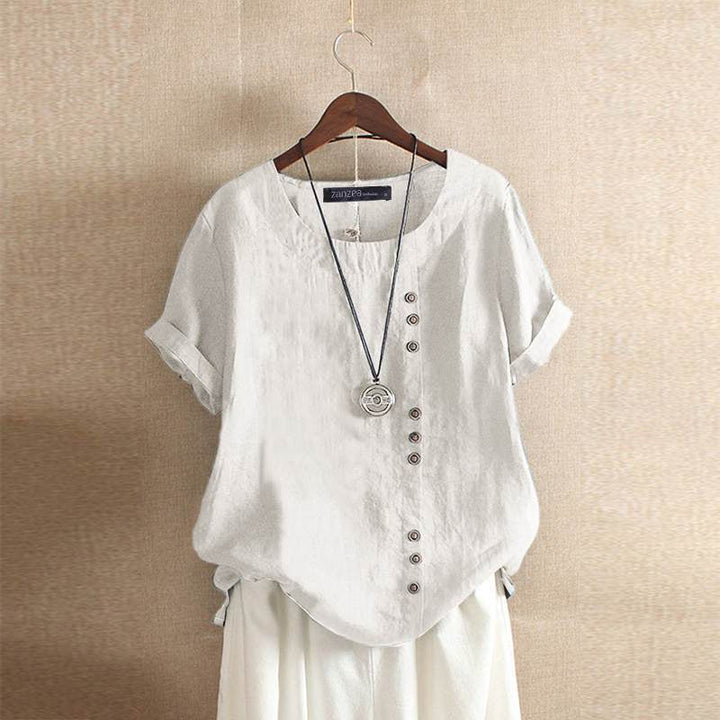 Linnen Blouse Met Korte Mouwen En Knoopsluiting Voor Dames