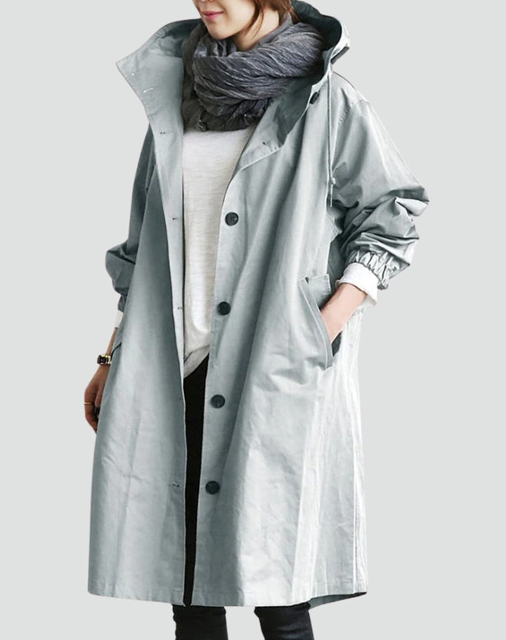 Waterdichte Trenchcoat Voor Vrouwen Lang Met Capuchon En Knopen