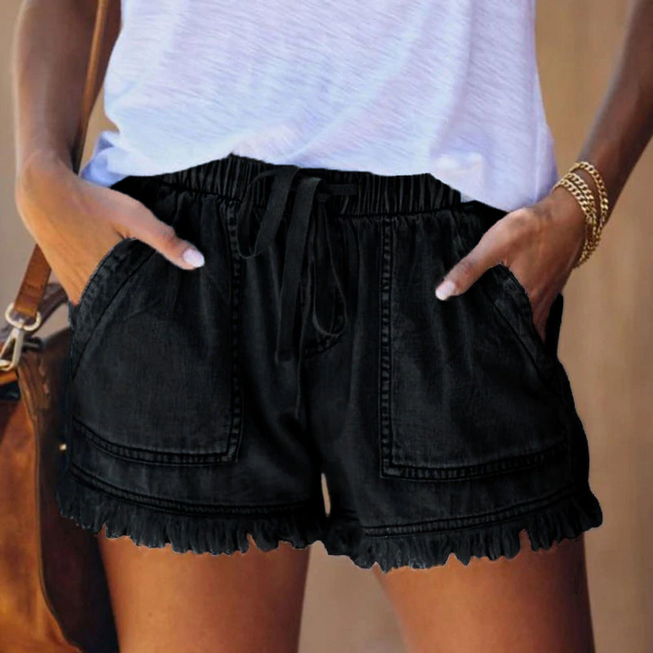 Dames Denim Short Met Trekkoord En Raffelzoom