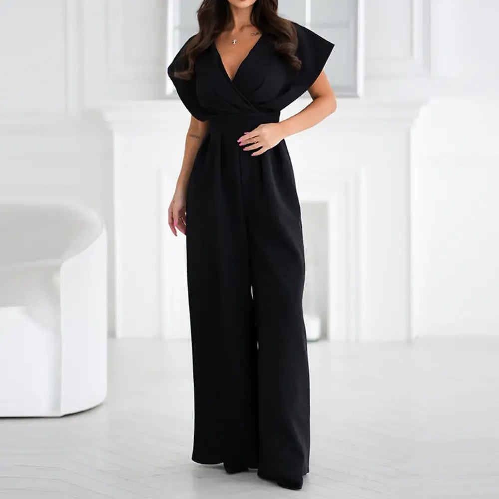 Elegante Dames Jumpsuit Met Diepe V Hals En Wijde Pijpen