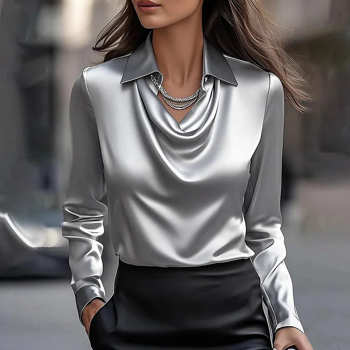 Satijnen Watervalhals Blouse Met Lange Mouwen voor Dames