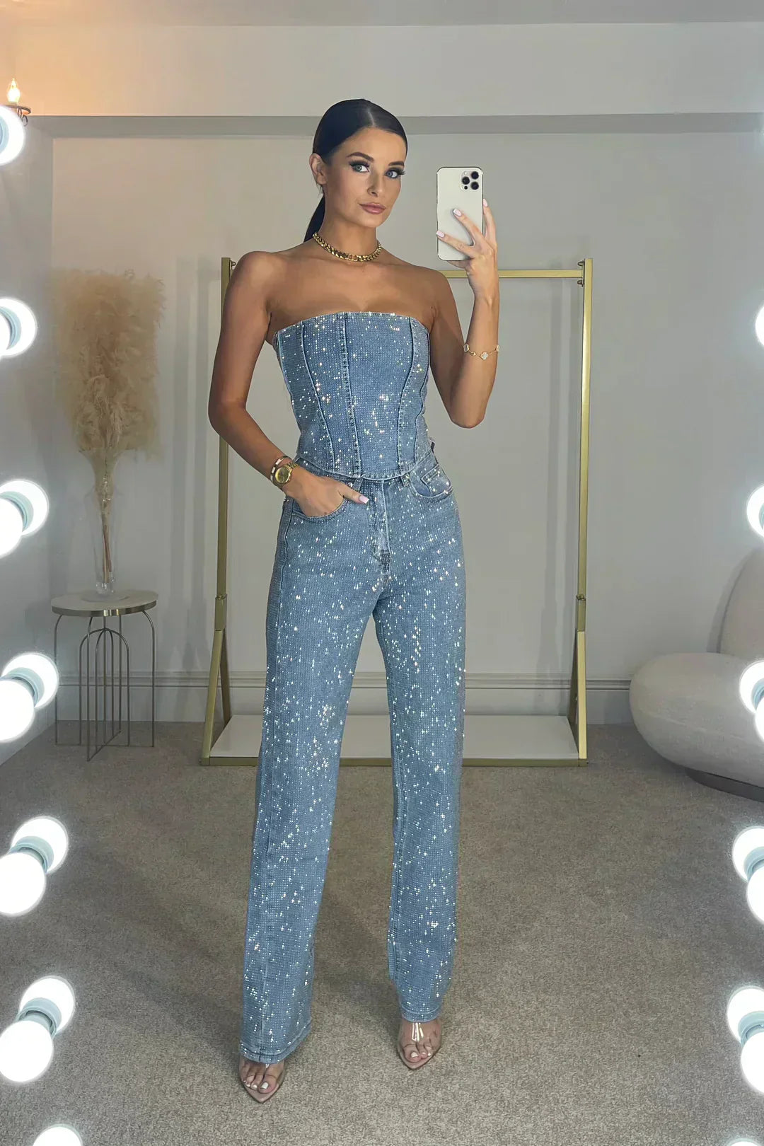 Dames Glitter Set Met Strapless Pailletten Croptop En Jeans
