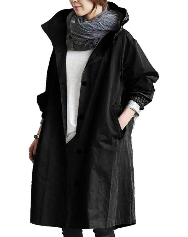 Waterdichte Trenchcoat Voor Vrouwen Lang Met Capuchon En Knopen
