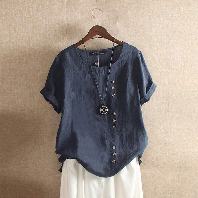 Linnen Blouse Met Korte Mouwen En Knoopsluiting Voor Dames