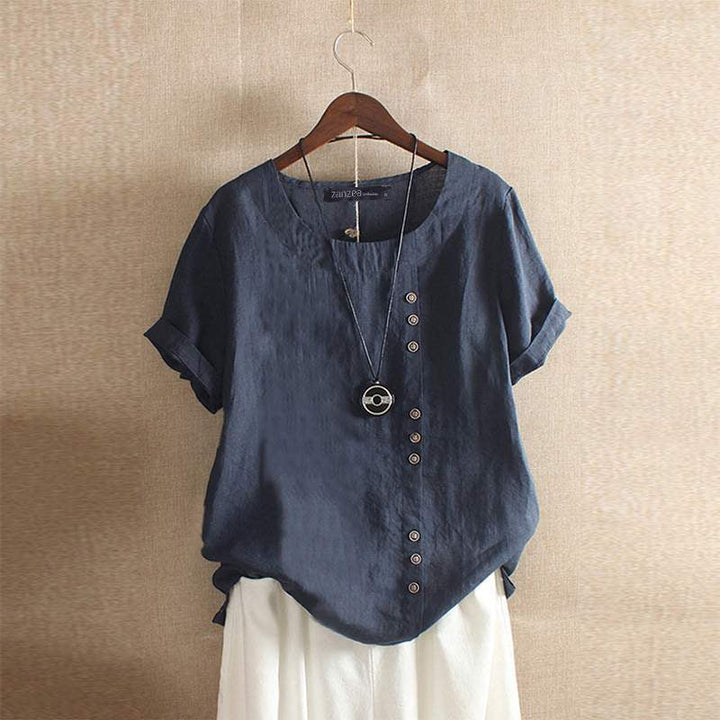 Linnen Blouse Met Korte Mouwen En Knoopsluiting Voor Dames