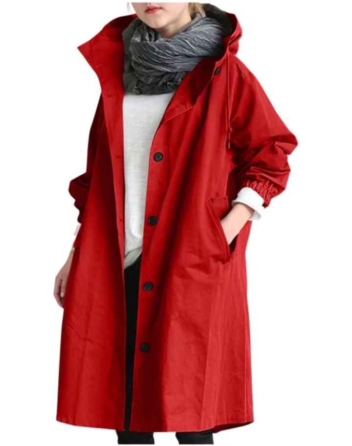 Waterdichte Trenchcoat Voor Vrouwen Lang Met Capuchon En Knopen