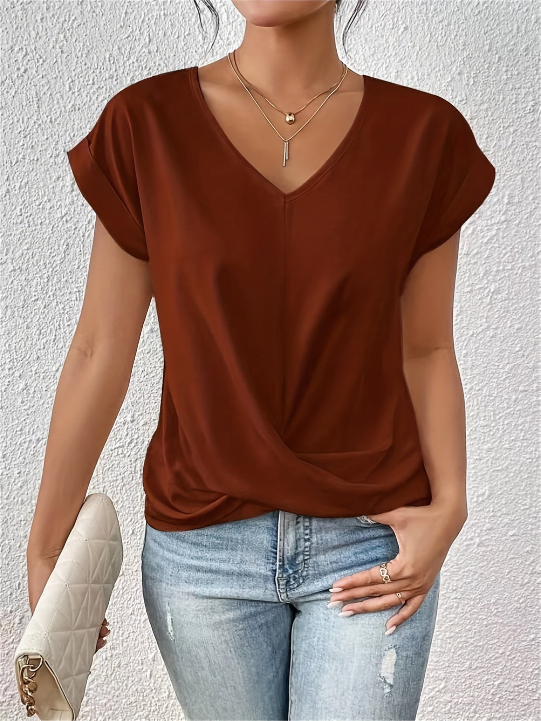 Chique Dames Blouse met V-hals en Gedrapeerd Detail