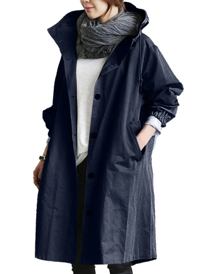 Waterdichte Trenchcoat Voor Vrouwen Lang Met Capuchon En Knopen