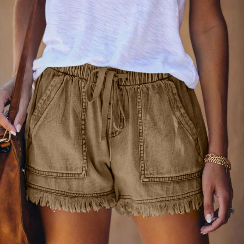 Dames Denim Short Met Trekkoord En Raffelzoom