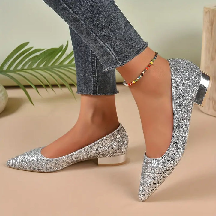Feestelijke Glitter Pumps Met Lage Blokhak En Spitse Neus Voor Dames
