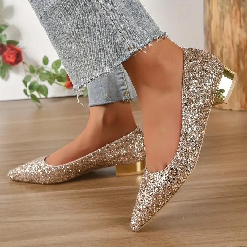 Feestelijke Glitter Pumps Met Lage Blokhak En Spitse Neus Voor Dames