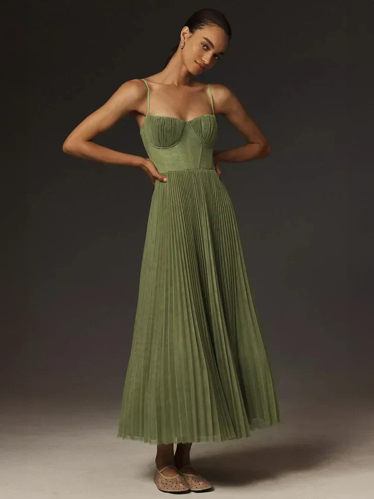 Cleo - Plissé Dames Midi Jurk Met Kant Details