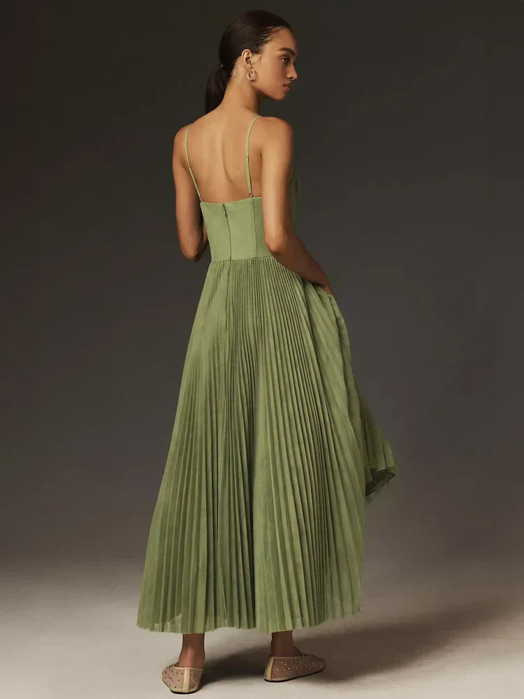 Cleo - Plissé Dames Midi Jurk Met Kant Details