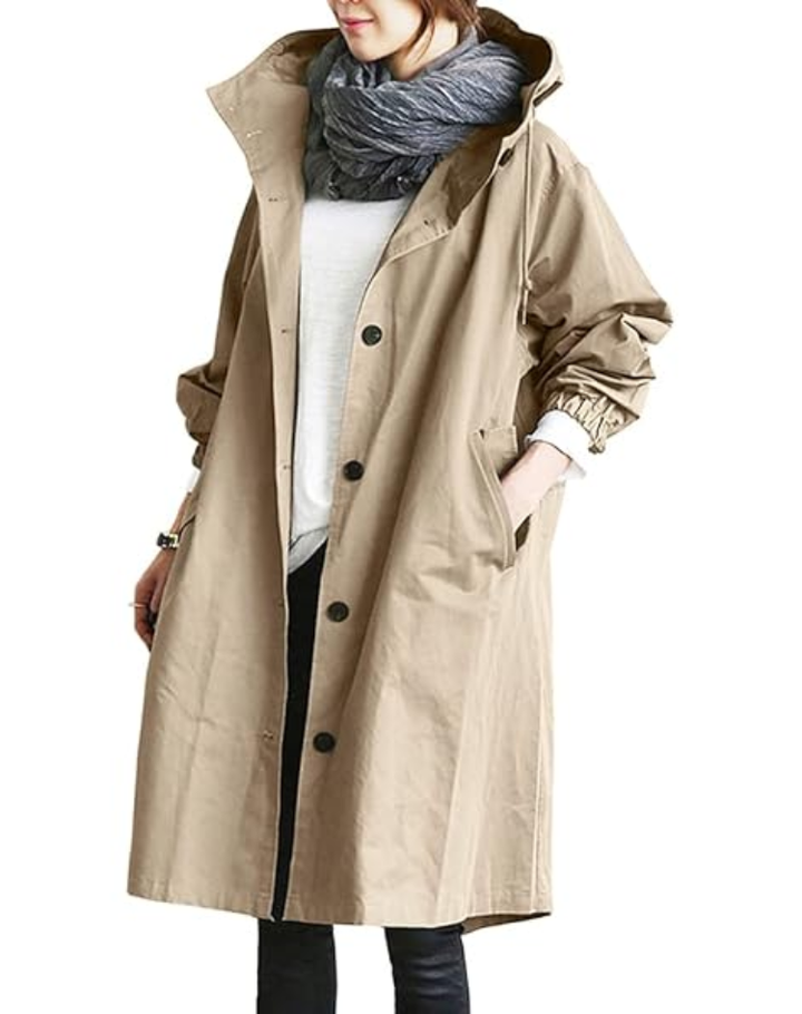 Waterdichte Trenchcoat Voor Vrouwen Lang Met Capuchon En Knopen