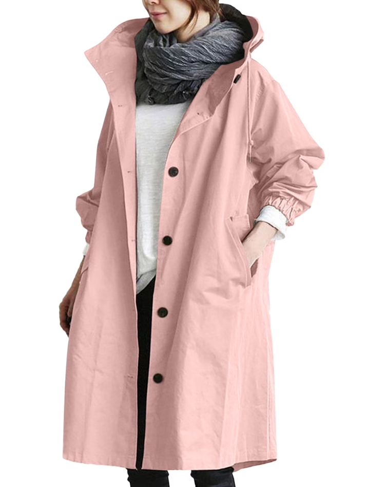 Waterdichte Trenchcoat Voor Vrouwen Lang Met Capuchon En Knopen