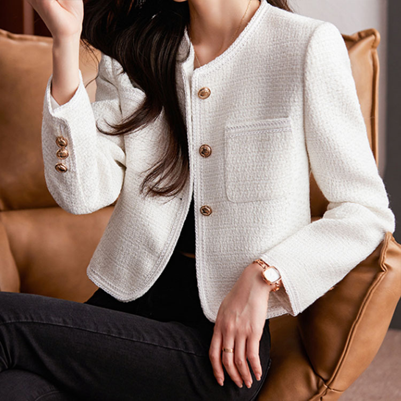 Elegante Korte Tweed Blazer voor Dames met Gouden Knopen