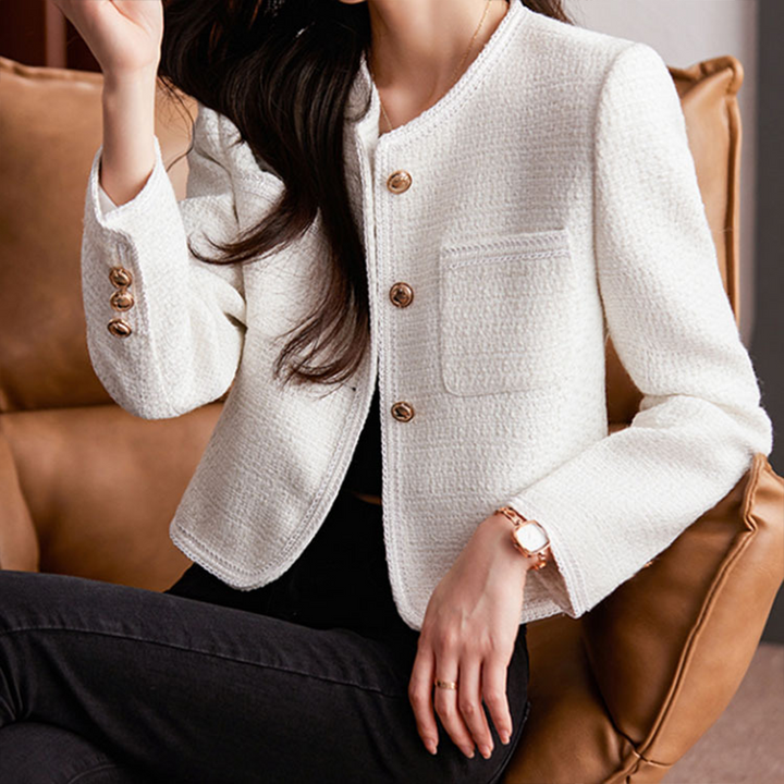 Elegante Korte Tweed Blazer voor Dames met Gouden Knopen