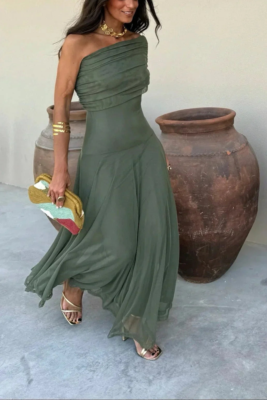 Anouk - Elegante Bruiloft Gastenjurk Dames met One-Shoulder en Geplooide Taille