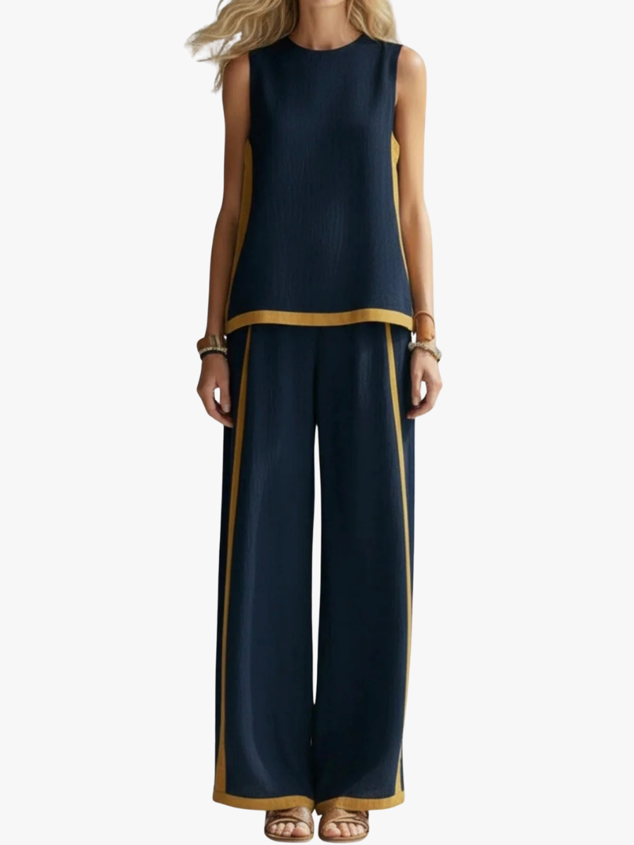 Anouk - Trendy Linnen Co-ord Set Dames met Mouwloze Top en Contrasterende Bies