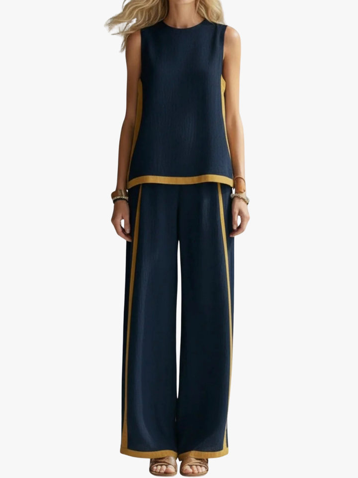 Anouk - Trendy Linnen Co-ord Set Dames met Mouwloze Top en Contrasterende Bies