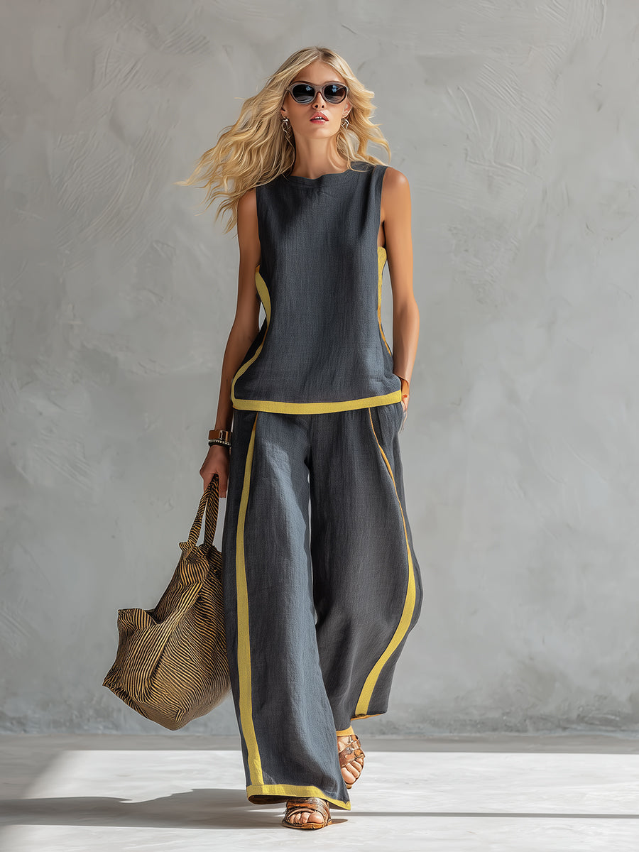 Anouk - Trendy Linnen Co-ord Set Dames met Mouwloze Top en Contrasterende Bies