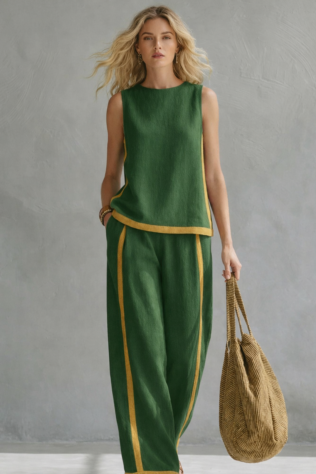 Anouk - Trendy Linnen Co-ord Set Dames met Mouwloze Top en Contrasterende Bies