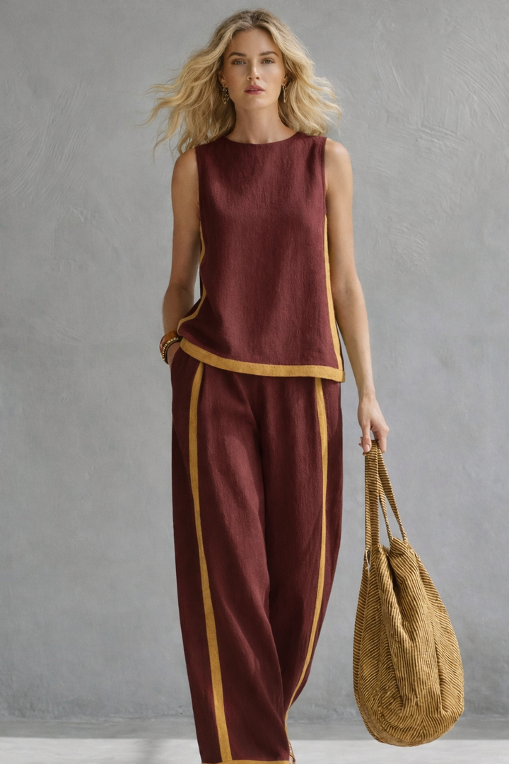 Anouk - Trendy Linnen Co-ord Set Dames met Mouwloze Top en Contrasterende Bies
